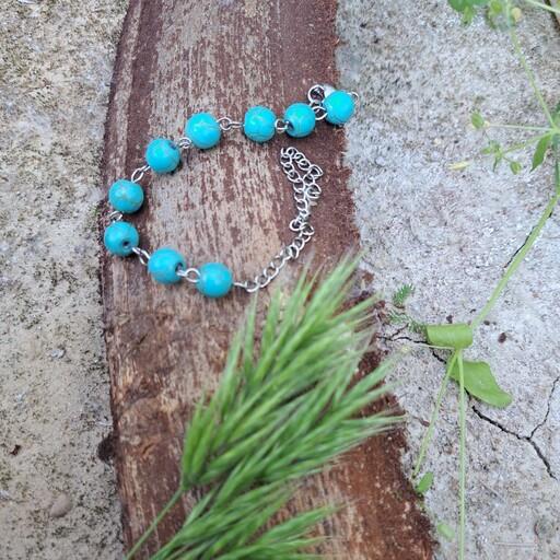 دستبند فیروزه ای با قفل و زنجیر استیل نقره ای